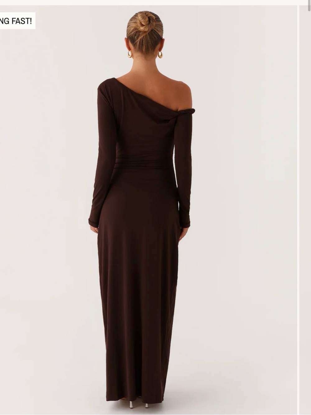 Peppermayo One-Shoulder Long Sleeve Maxi Dress in Chocolate Brown - Picture 2 of 4